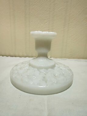 White Milk Glass Pedestal Candle Holder - Floral Patterned
